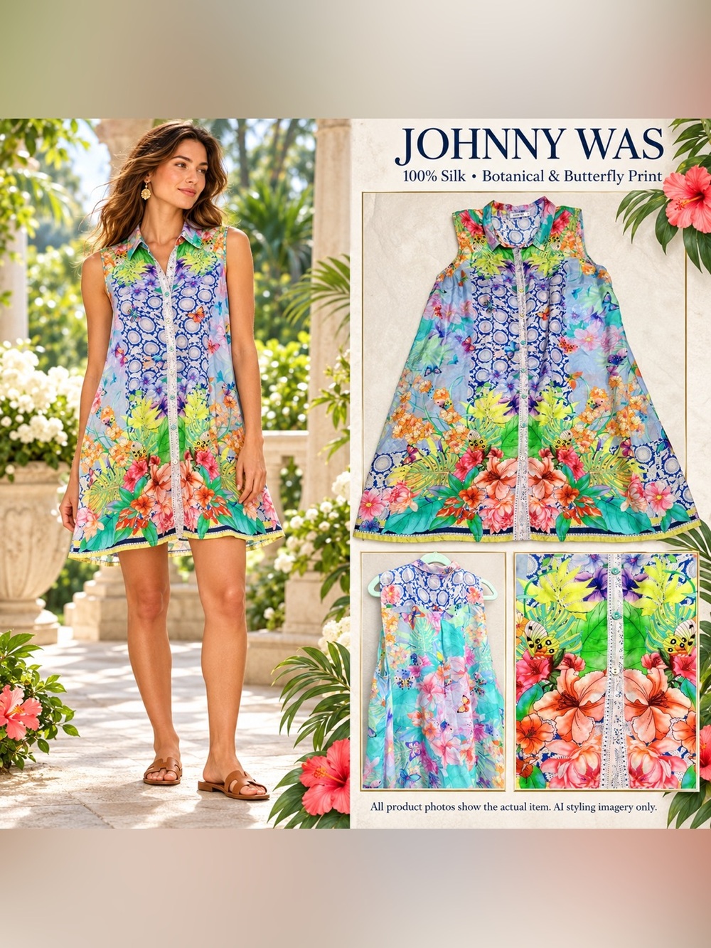 Johnny Was Silk Butterfly Floral Tunic Dress S Blue Sleeveless Boho Resort Mini